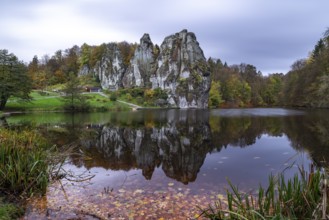 Externsteine in autumn, view over the Wiembecke pond, Teutoburg Forest, Horn-Bad Meinberg, North