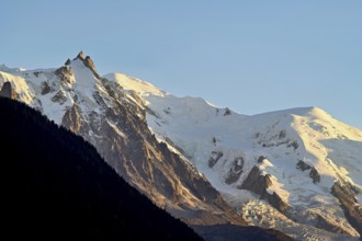 From left snow-covered Aiguille du Midi, Mont-Blanc, Vallot Hut, Chamonix-Mont-Blanc, Haute-Savoie,