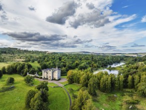 Duns Castle Estate and garden from a dron, Duns, Berwickshire, Scotland, UK
