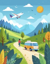 Traveling and hiking in mountain landscape, abstract vector illustration, AI generated image