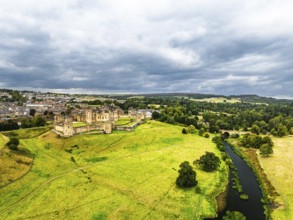 Alnwick Castle from a drone, Alnwick, Northumberland, England, United Kingdom