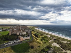 Bamburgh Castle from a drone, Northumberland, Northeast Coast, England, United Kingdom