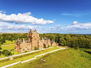 Ayton Castle from a drone, Ayton, Eyemouth, Scottish Borders, Scotland, UK