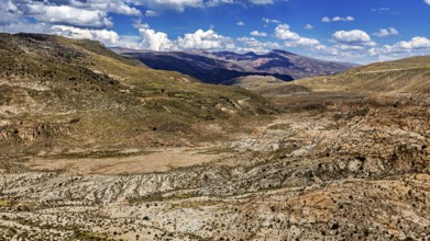 Wide valley in a mountainous region with sparse vegetation, The landscape of the Altiplano in