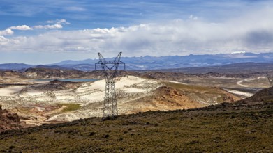 Power lines cross a vast, arid landscape, The landscape of the Altiplano in Bolivia