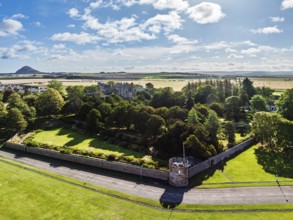 Ruins of Dirleton Castle & Gardens from a drone, Dirleton, East Lothian, Scotland, UK