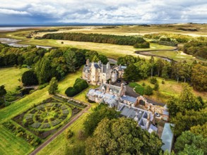 Luffness Castle from a drone, Aberlady, East Lothian, Scotland, UK