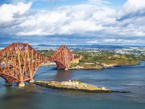 Inch Garvie Castle from a drone, Forth Bridge, Queensferry Crossing, Forth Estuary, Scotland,