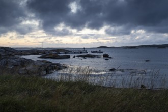 Small bay, archipelago, jetty with angler, Resö Island, Bohuslän, Skagerrak, Sotenäs, Västra