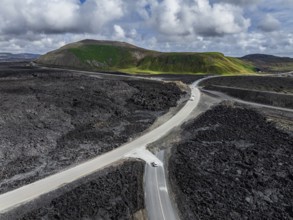 Lava, lava field, road, destroyed, summer, cloudy, sunny, aerial view, Blue Lagoon, Sundhnúkur