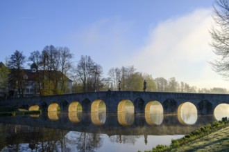 Morning atmosphere, fog at Fischhof, with historic Fischhof bridge, Tirschenreuth, Upper