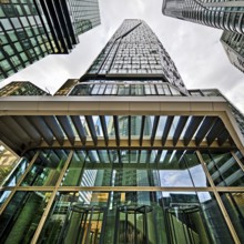 Frog's-eye view of the skyscrapers in the banking district, Four Frankfurt, Frankfurt am Main,