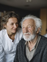 A young carer lovingly looks after a senior in a retirement home, nursing home, symbolic image for