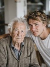 A young carer lovingly looks after a senior in an old people's home, nursing home, symbolic image