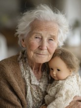 An elderly woman lovingly holds a doll in her arms, which radiates an emotional connection and