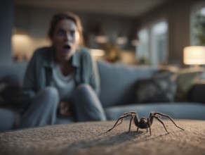 A spider on a table in the foreground, woman in the background visibly shocked, symbolic image for