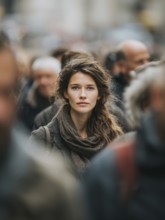 A woman stands in the middle of a crowd, symbolising mental health, stress in the big city,