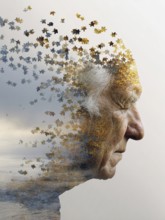 Double exposure of an elderly man and decaying parts of a landscape, symbolic image for memory