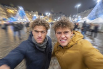 Two men in fighting pose on a rainy street at night, surrounded by lights, symbolic image for