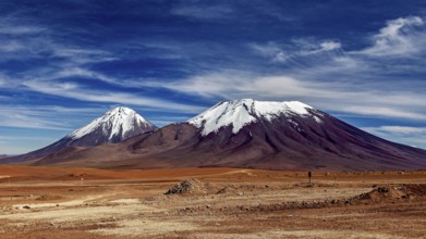Two snow-capped mountains under a clear sky in a dry landscape, The landscape with the volcanoes on