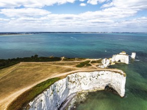 White Cliffs of Old Harry Rocks Jurassic Coast from a drone, Handfast Point, Dorset Coast, Poole,