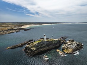 Godrevy Lighthouse from a drone, Godrevy Island, St Ives Bay, Cornwall, England, United Kingdom