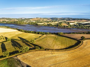 Farms and Fields over River Teign and Teignmouth Road from drone, Newton Abbot, Devon, England,
