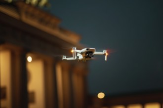 Ein Fernpilot steuert sein Quadrocopter, Drohne illegal über dichtbesiedeltes Stadtgebiet an einem