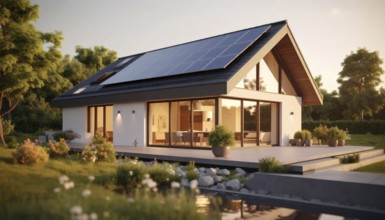 Residential house with solar panels on the roof, beautiful sunrise, AI generated