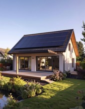 Residential house with solar panels on the roof, beautiful sunrise, AI generated