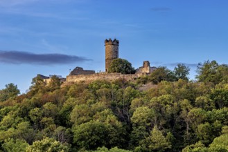 A castle with a tower on a wooded hill under a blue sky, the Mühlburg ruins one of the Drei