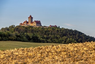 Castle on a wooded hill above a golden field under a clear sky, The Wachsenburg in Thuringia near