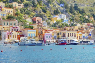 View of Gialos Harbour, Gialos, Symi Island, Dodecanese Islands, Greece