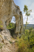 Teufelstorffelsen, Jura rock, gate-like breakthrough, stairs, natural monument between Gammertingen