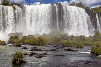 Close-up of a powerful waterfall with lush vegetation and spray, The Iguazu Falls between Argentina