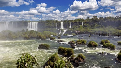 Impressive waterfall landscape with river and bridge on a cloudy day, The Iguazu Falls between
