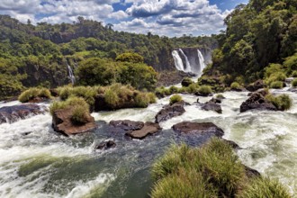 Wild water flows over rocks in green surroundings with a waterfall in the background, The Iguazu