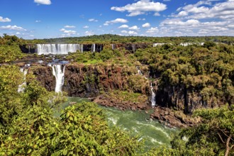 Impressive waterfalls with lush natural scenery under a bright blue sky, The Iguazu Falls between