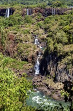 A narrow waterfall meanders through rocky terrain, surrounded by dense vegetation, The Iguazu Falls