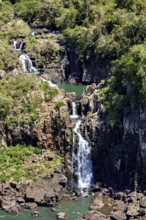 Waterfall plunging into a rocky landscape of lush greenery, The Iguazu Falls between Argentina and