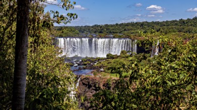 A wide waterfall falls gently into a river, surrounded by dense vegetation and blue skies, The