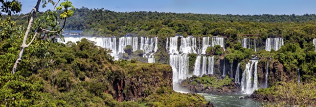 Sweeping panorama of the waterfalls with dense forest in the background, The Iguazu Falls between