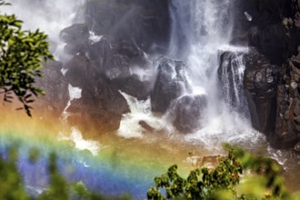 Waterfall meets dark rocks, a rainbow shines in the foreground, The Iguazu Falls between Argentina