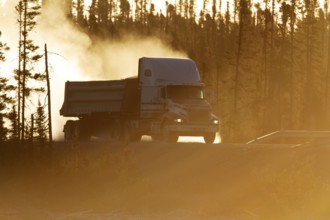 Transport truck driving on a dusty forest track, Province of Quebec, Canada, North America