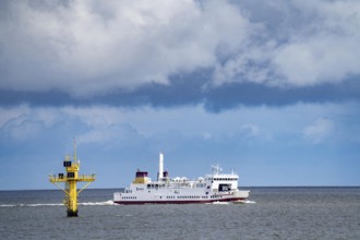 The North Sea car ferry Münsterland, arrives in the ferry harbour of Eemshaven, in the Ems estuary,