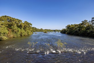 Long river flows through a green landscape under a clear blue sky, The Iguazu River between