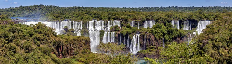 Wide panoramic view of a series of waterfalls in a green setting, The Iguazu Falls between