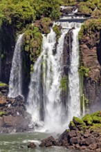 Close-up view of a mighty waterfall surrounded by greenery and rock, The Iguazu Falls between