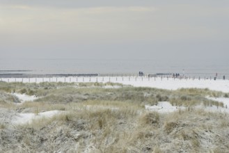 View over the snow-covered dune landscape of Norddeich, Wadden Sea at low tide, North Sea, Lower