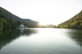 Sunrise in summer at Lake Thumsee near Bad Reichenhall with a view of the Seewirt